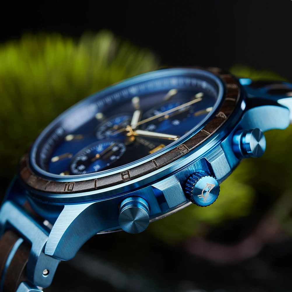 BOBO BIRD Top Luxury Men's Wooden Watches Black Gold Watch Military Chronograph Watch Japanese Movement Quartz Wristwatch Custom