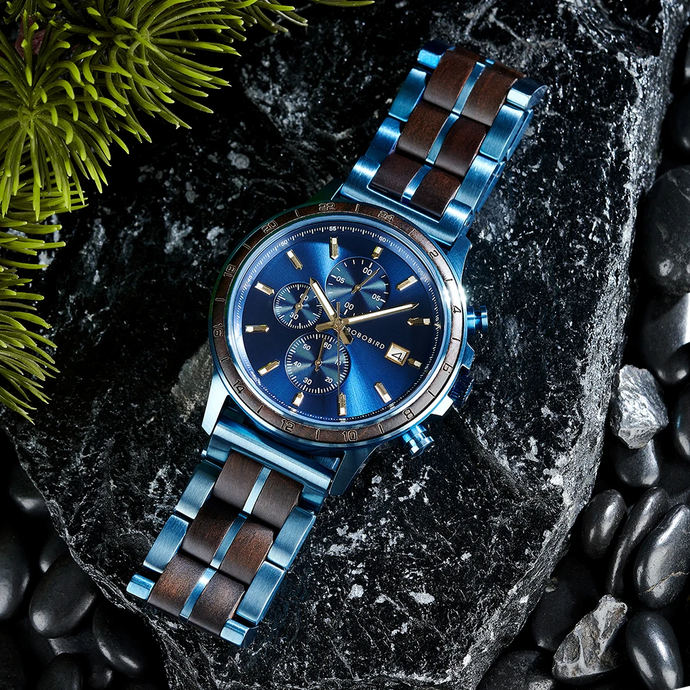 BOBO BIRD Top Luxury Men's Wooden Watches Black Gold Watch Military Chronograph Watch Japanese Movement Quartz Wristwatch Custom