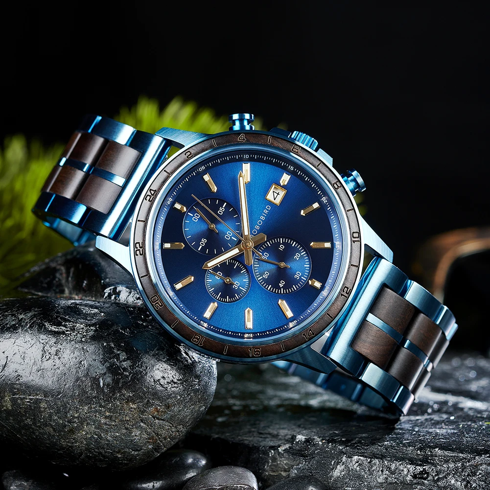 BOBO BIRD Top Luxury Men's Wooden Watches Black Gold Watch Military Chronograph Watch Japanese Movement Quartz Wristwatch Custom