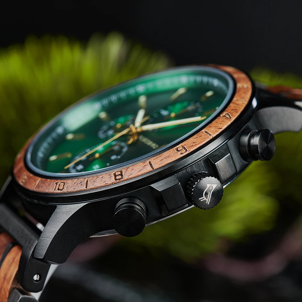 BOBO BIRD Top Luxury Men's Wooden Watches Black Gold Watch Military Chronograph Watch Japanese Movement Quartz Wristwatch Custom