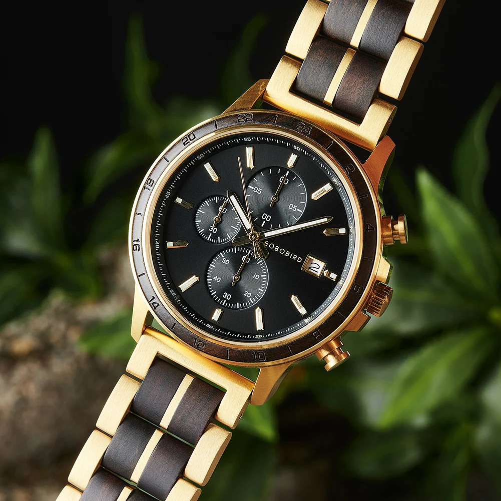 BOBO BIRD Top Luxury Men's Wooden Watches Black Gold Watch Military Chronograph Watch Japanese Movement Quartz Wristwatch Custom