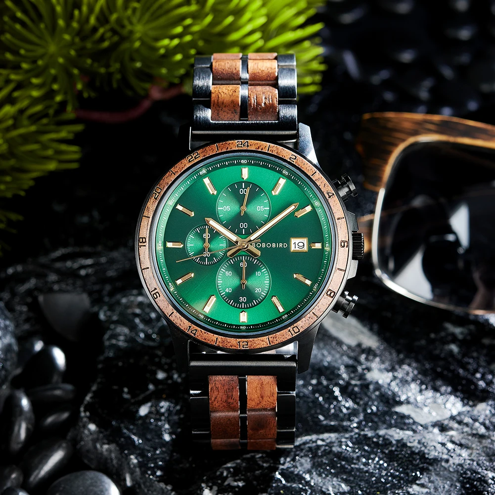 BOBO BIRD Top Luxury Men's Wooden Watches Black Gold Watch Military Chronograph Watch Japanese Movement Quartz Wristwatch Custom