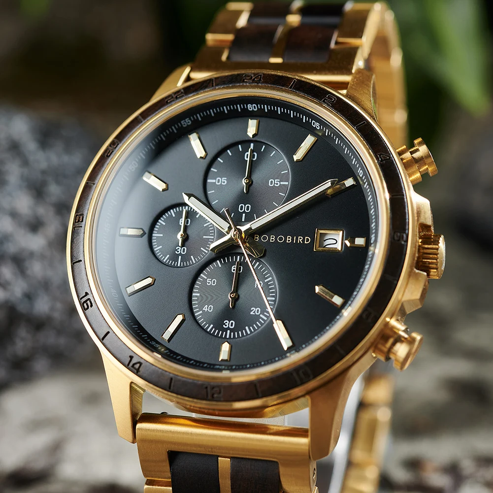 BOBO BIRD Top Luxury Men's Wooden Watches Black Gold Watch Military Chronograph Watch Japanese Movement Quartz Wristwatch Custom