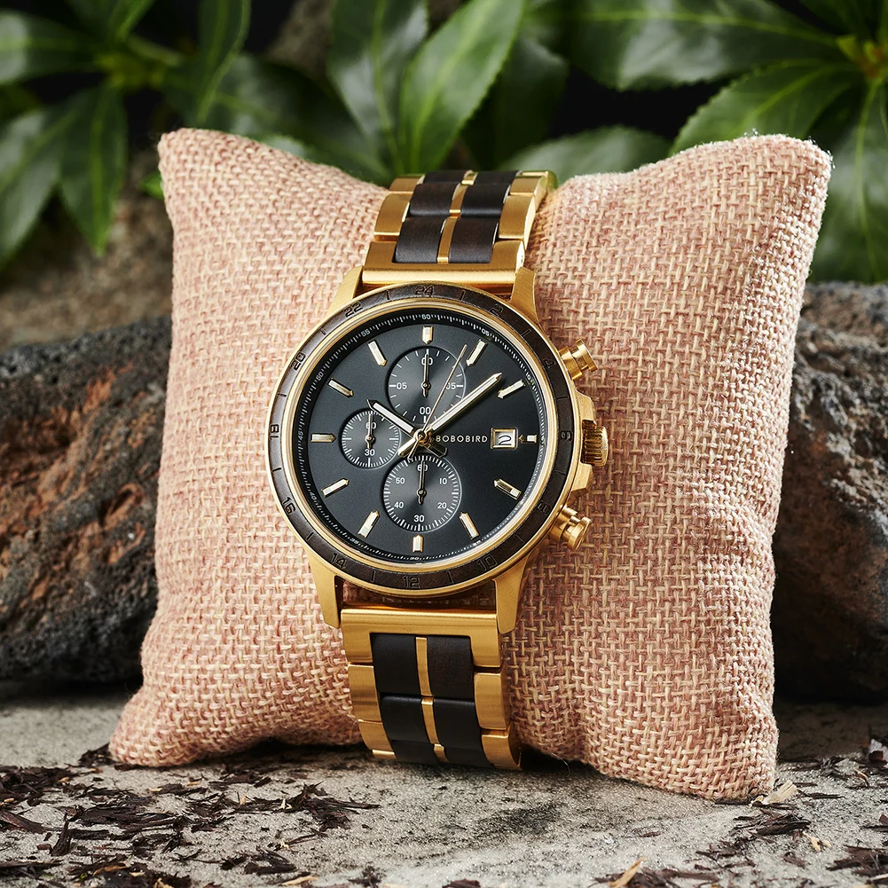 BOBO BIRD Top Luxury Men's Wooden Watches Black Gold Watch Military Chronograph Watch Japanese Movement Quartz Wristwatch Custom