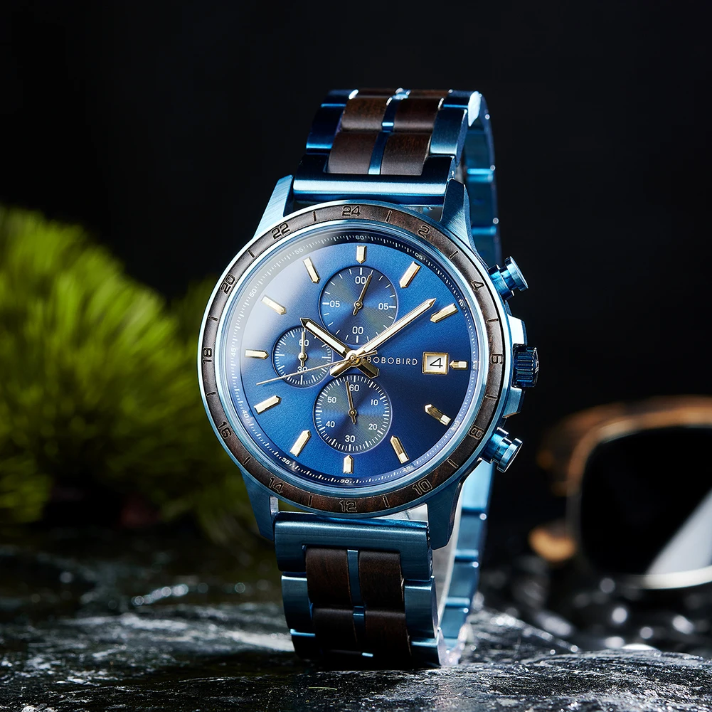 BOBO BIRD Top Luxury Men's Wooden Watches Black Gold Watch Military Chronograph Watch Japanese Movement Quartz Wristwatch Custom