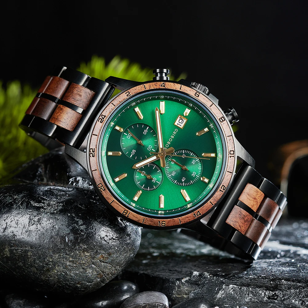 BOBO BIRD Top Luxury Men's Wooden Watches Black Gold Watch Military Chronograph Watch Japanese Movement Quartz Wristwatch Custom