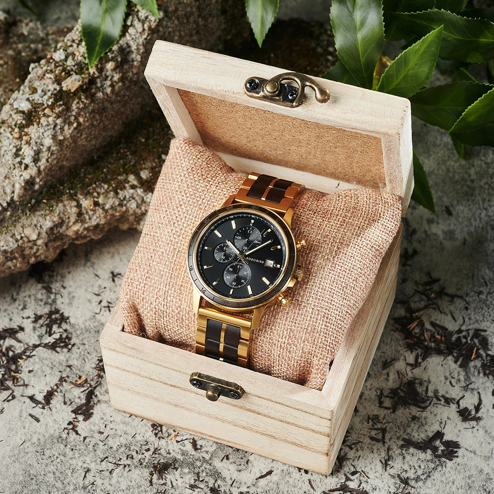 BOBO BIRD Top Luxury Men's Wooden Watches Black Gold Watch Military Chronograph Watch Japanese Movement Quartz Wristwatch Custom