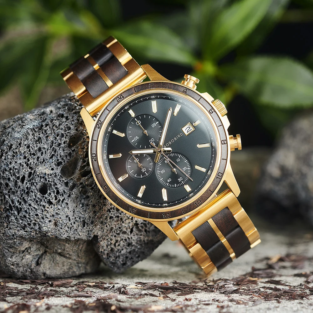 BOBO BIRD Top Luxury Men's Wooden Watches Black Gold Watch Military Chronograph Watch Japanese Movement Quartz Wristwatch Custom