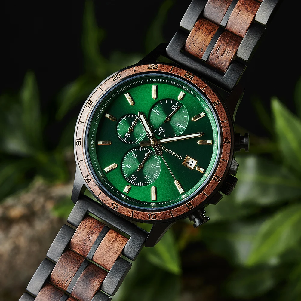 BOBO BIRD Top Luxury Men's Wooden Watches Black Gold Watch Military Chronograph Watch Japanese Movement Quartz Wristwatch Custom