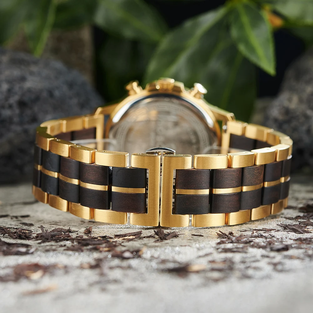 BOBO BIRD Top Luxury Men's Wooden Watches Black Gold Watch Military Chronograph Watch Japanese Movement Quartz Wristwatch Custom