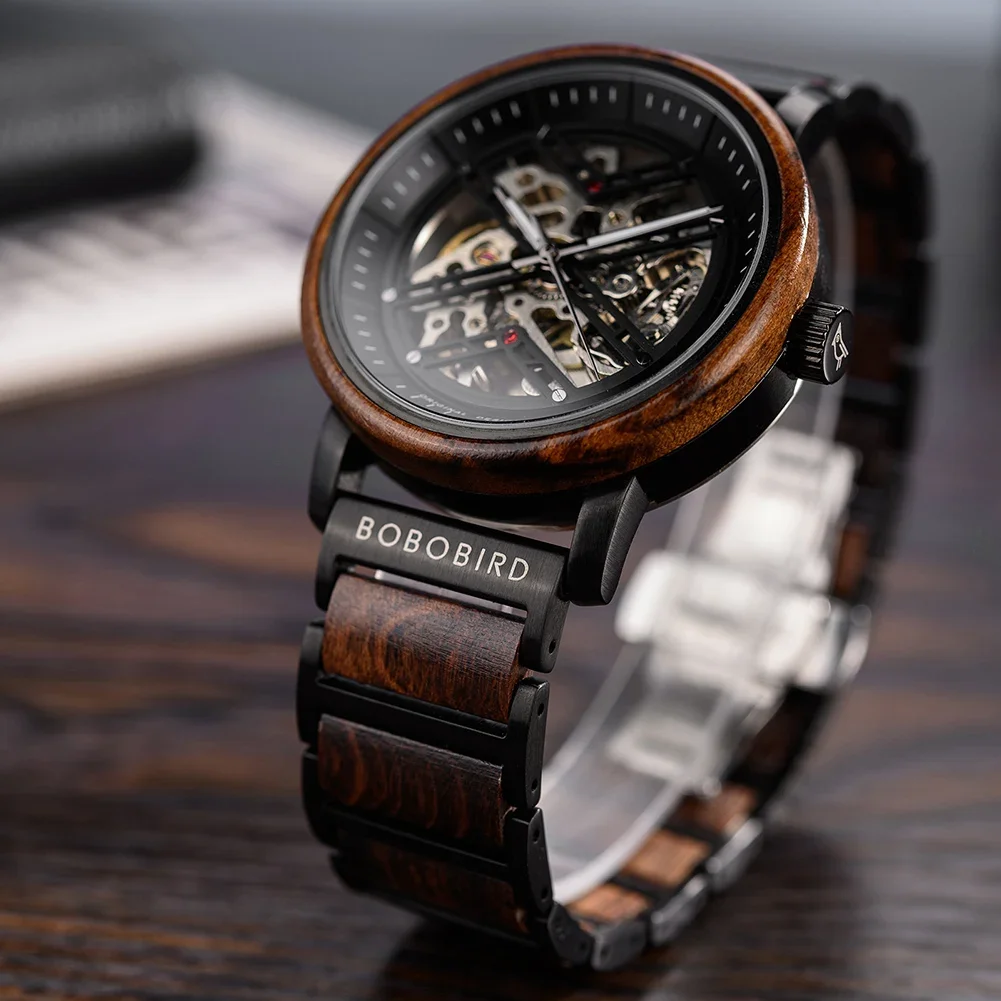 Automatic Mechanical Watch BOBO BIRD New Top Business Men Wooden Wristwatch Unique Custom Engraved Watches Christmas Gift Box