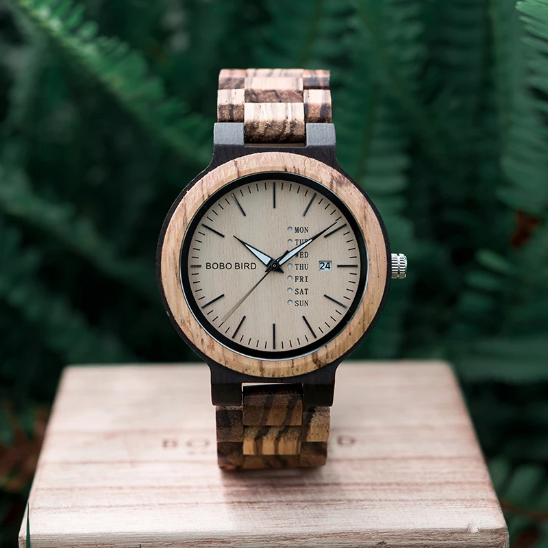 BOBO BIRD Wooden Men Watch Fashion Business Week And Date Display Quartz Timepiece Customize Logo Great Gift Relogio Masculino