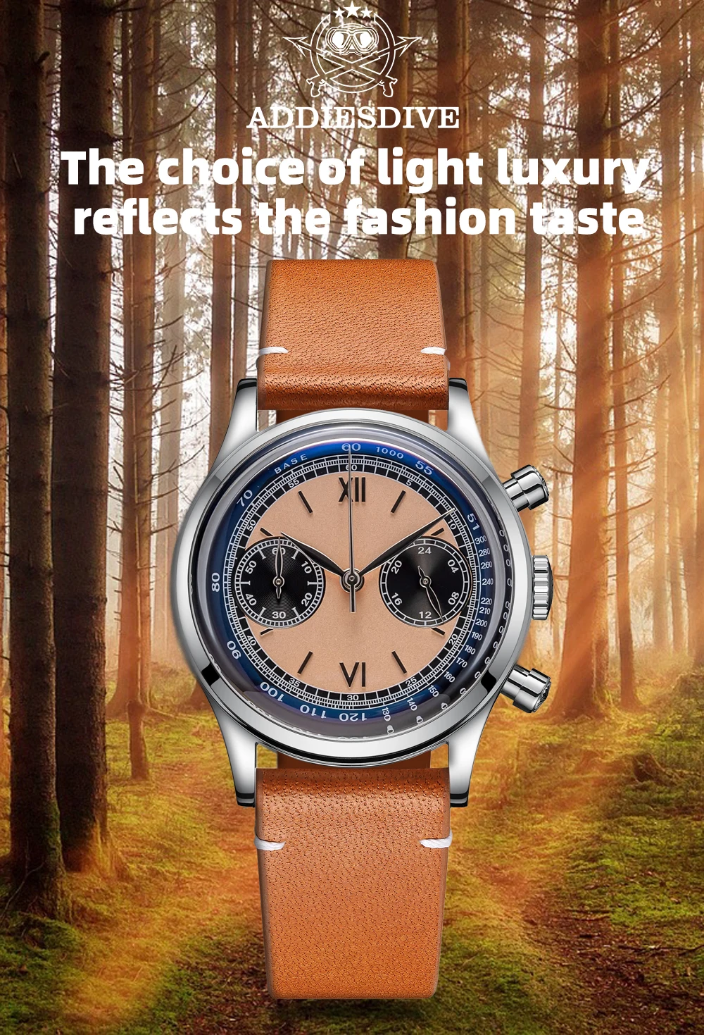 ADDIESDIVE Custom Logo Men Watches Chronograph Bubble Mirror 100m Waterproof 316L Stainless Steel 38mm VK64 Quartz Wristwatch