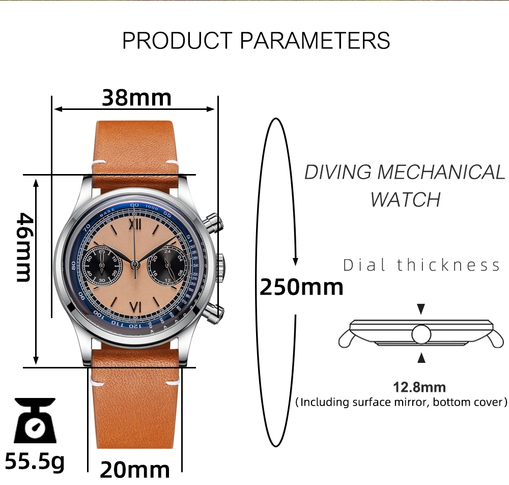ADDIESDIVE Custom Logo Men Watches Chronograph Bubble Mirror 100m Waterproof 316L Stainless Steel 38mm VK64 Quartz Wristwatch