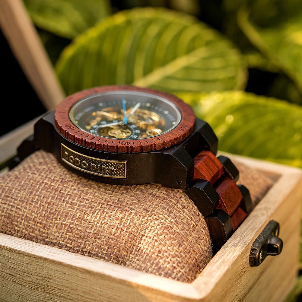 Wooden Automatic Mechanical Watch Men Wristwatch BOBO BIRD Top Fashion Luminous Hands Clock Custom Gift Box Relogio Masculino