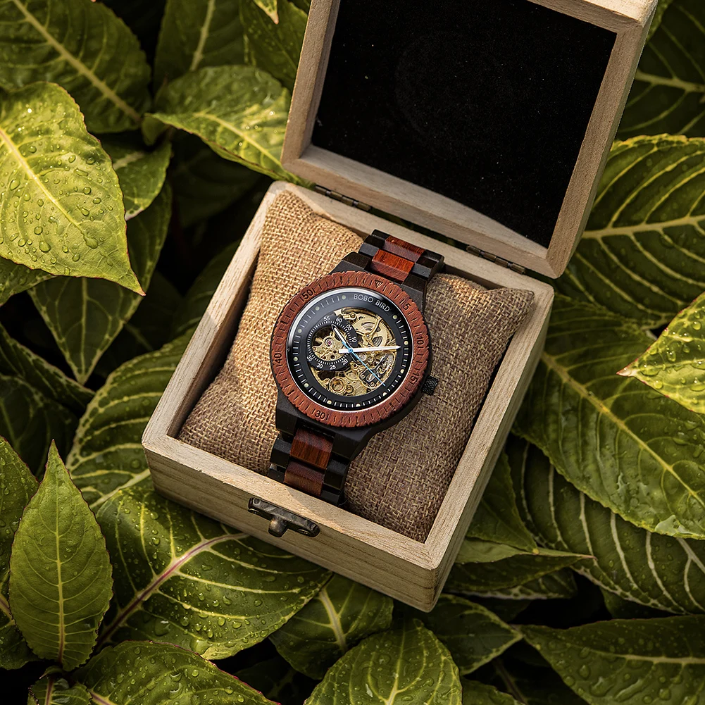 Wooden Automatic Mechanical Watch Men Wristwatch BOBO BIRD Top Fashion Luminous Hands Clock Custom Gift Box Relogio Masculino