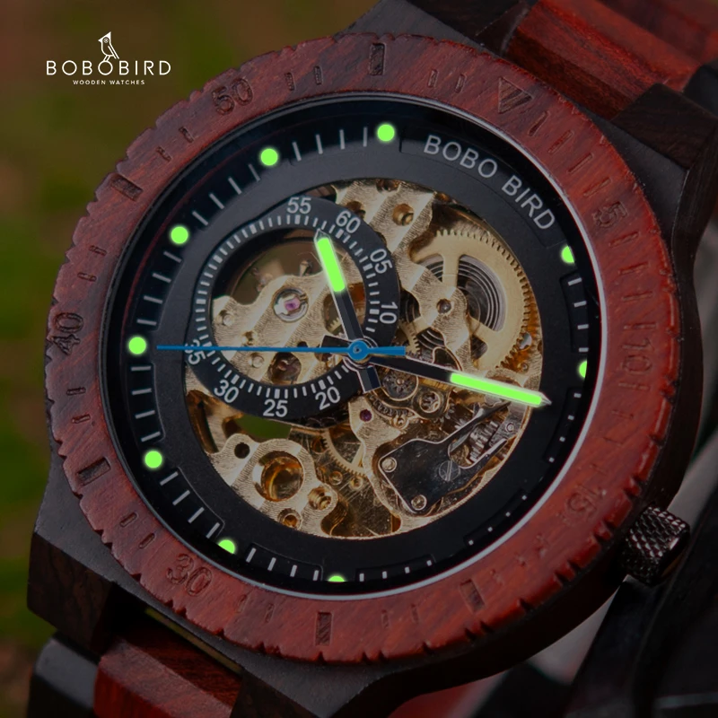 Wooden Automatic Mechanical Watch Men Wristwatch BOBO BIRD Top Fashion Luminous Hands Clock Custom Gift Box Relogio Masculino