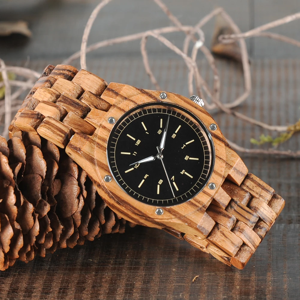 Clearance Men's Wooden Watch Custom Name Logo Men's Quartz Wrist Watch Zebra Wood Strap Personalize Fashion Man Watches Gift