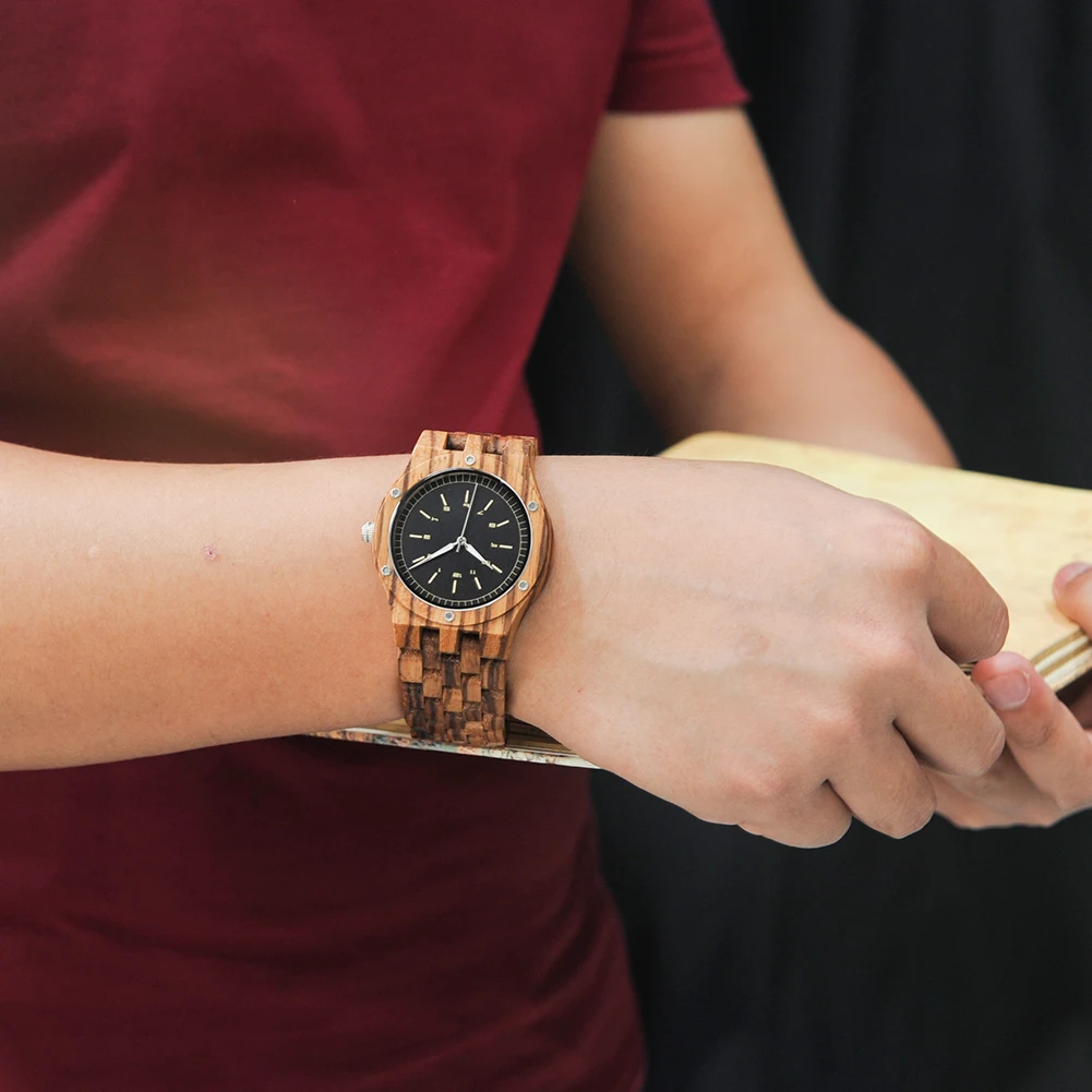 Clearance Men's Wooden Watch Custom Name Logo Men's Quartz Wrist Watch Zebra Wood Strap Personalize Fashion Man Watches Gift
