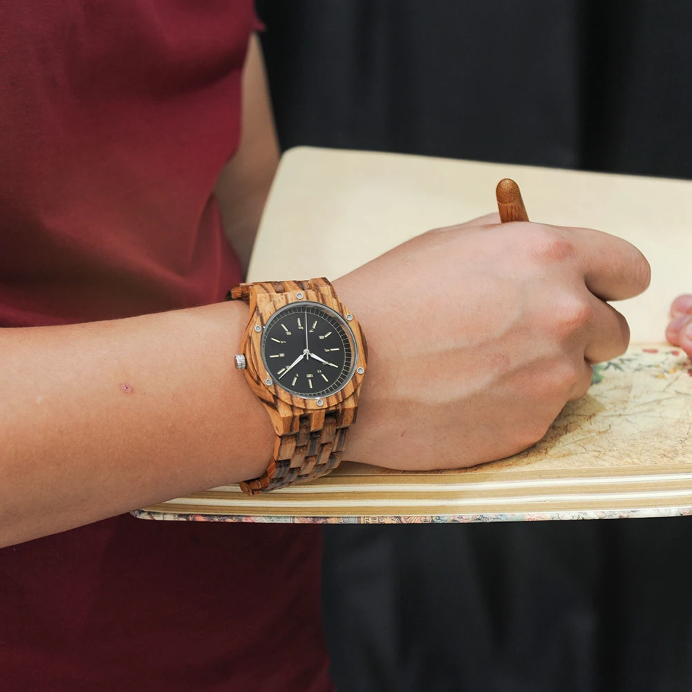 Clearance Men's Wooden Watch Custom Name Logo Men's Quartz Wrist Watch Zebra Wood Strap Personalize Fashion Man Watches Gift
