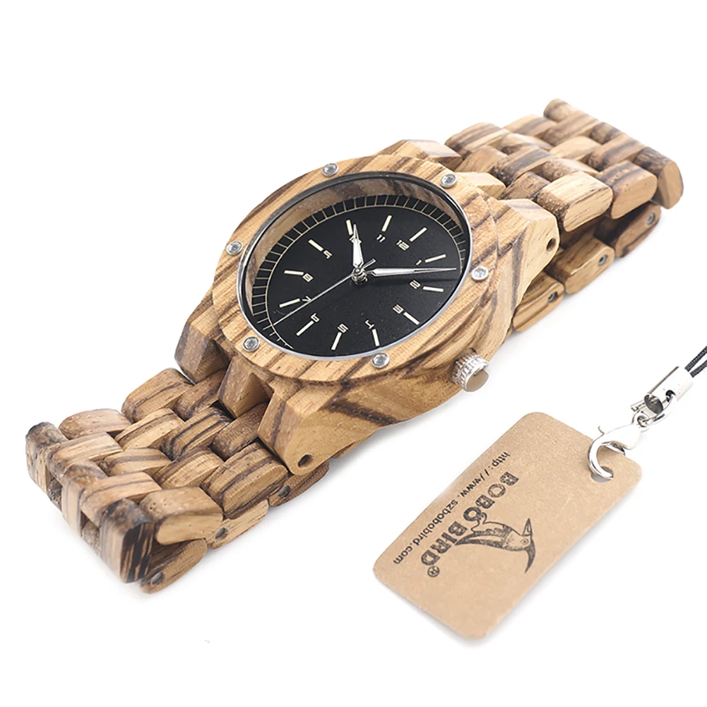 Clearance Men's Wooden Watch Custom Name Logo Men's Quartz Wrist Watch Zebra Wood Strap Personalize Fashion Man Watches Gift