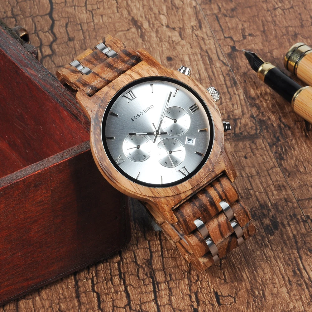 BOBO BIRD Luxury Watch Men Metal Wooden Chronograph Man's Quartz Wristwatch Male Auto Date Clock Armbanduhr Custom Logo Dropship