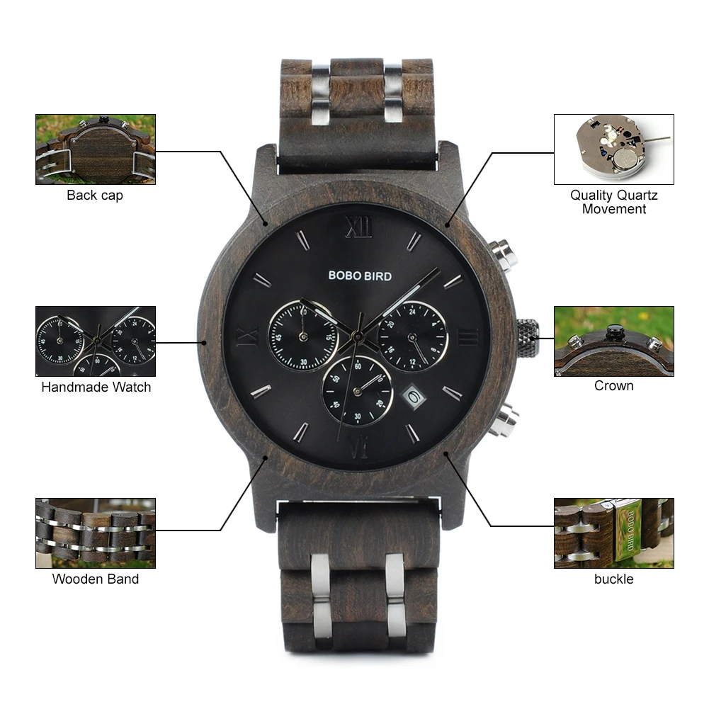 BOBO BIRD Luxury Watch Men Metal Wooden Chronograph Man's Quartz Wristwatch Male Auto Date Clock Armbanduhr Custom Logo Dropship
