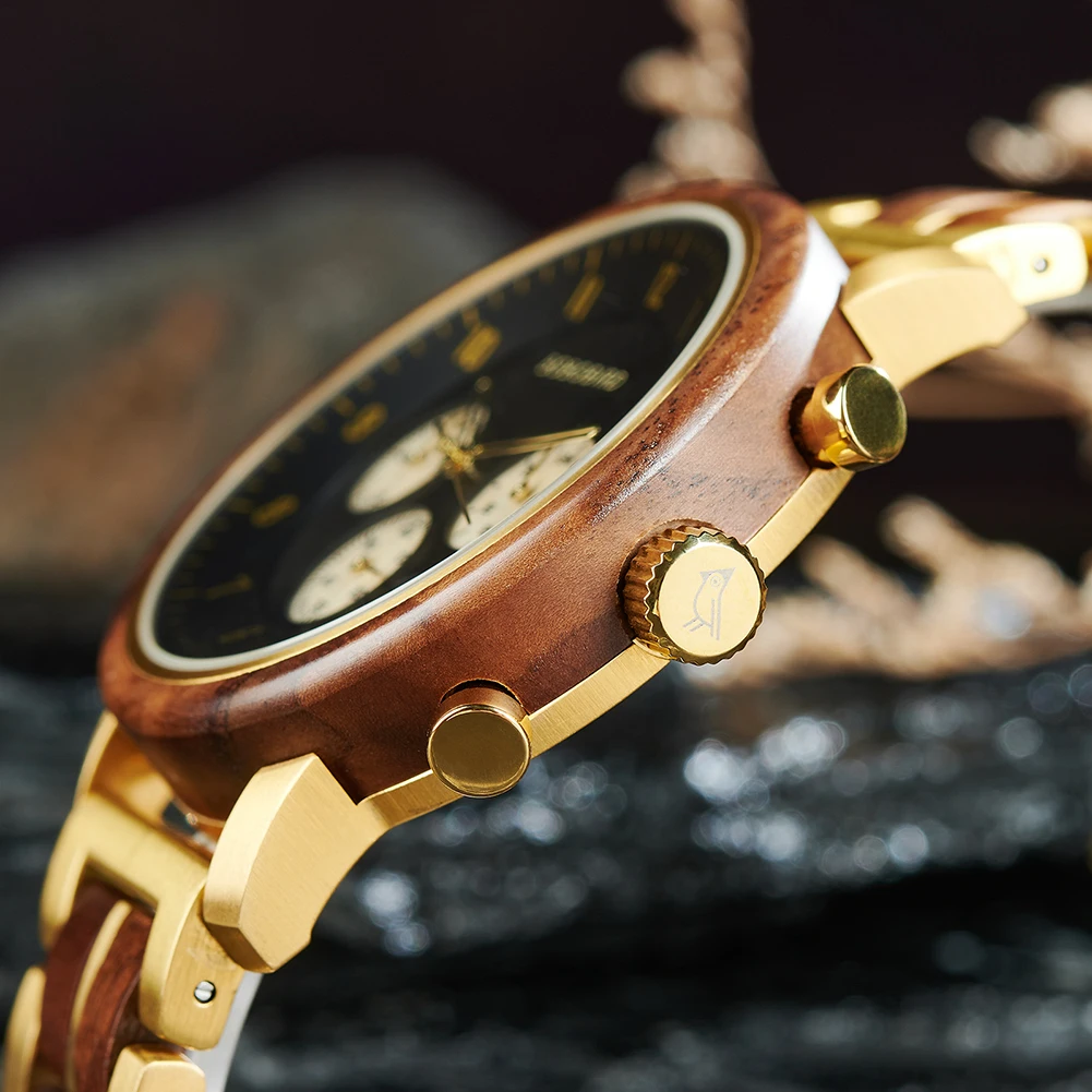 Top Luxury Men's Wooden Watch BOBO BIRD Japanese Movement New Quartz Wristwatch Golden Chronograph Watch Military Timepieces