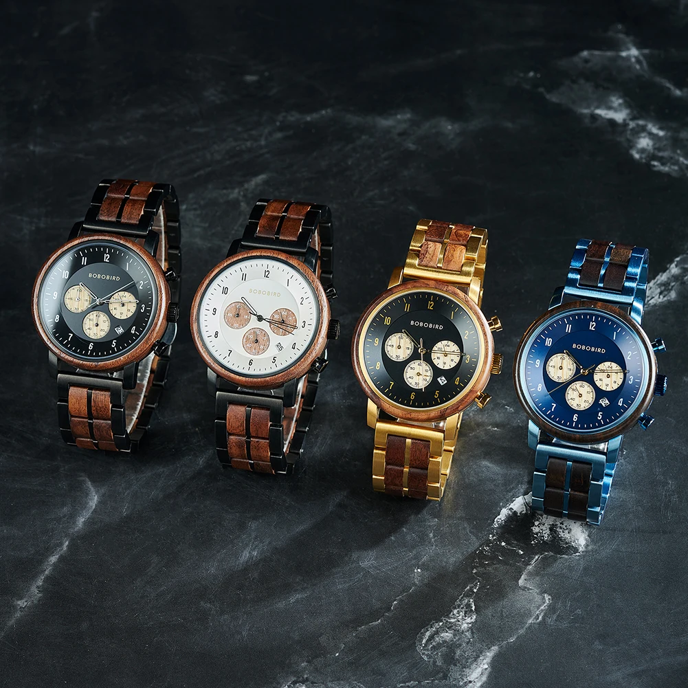 Top Luxury Men's Wooden Watch BOBO BIRD Japanese Movement New Quartz Wristwatch Golden Chronograph Watch Military Timepieces