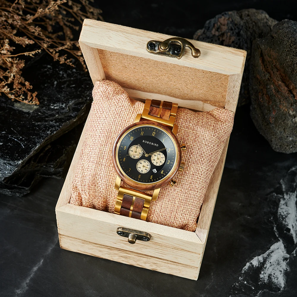 Top Luxury Men's Wooden Watch BOBO BIRD Japanese Movement New Quartz Wristwatch Golden Chronograph Watch Military Timepieces