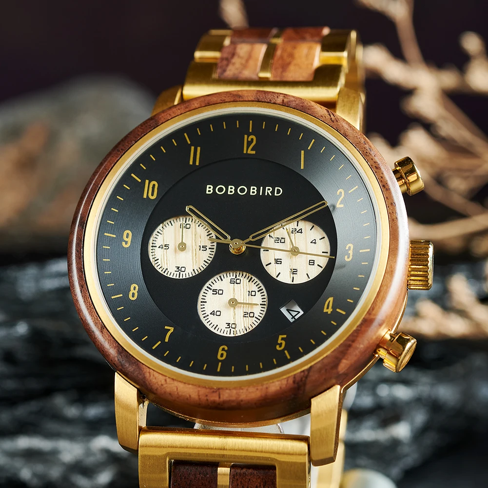 Top Luxury Men's Wooden Watch BOBO BIRD Japanese Movement New Quartz Wristwatch Golden Chronograph Watch Military Timepieces