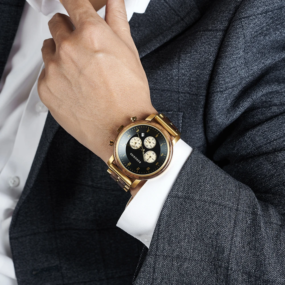 Top Luxury Men's Wooden Watch BOBO BIRD Japanese Movement New Quartz Wristwatch Golden Chronograph Watch Military Timepieces