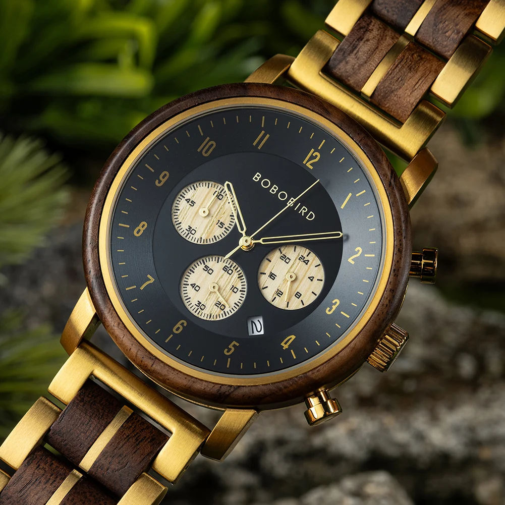 Top Luxury Men's Wooden Watch BOBO BIRD Japanese Movement New Quartz Wristwatch Golden Chronograph Watch Military Timepieces