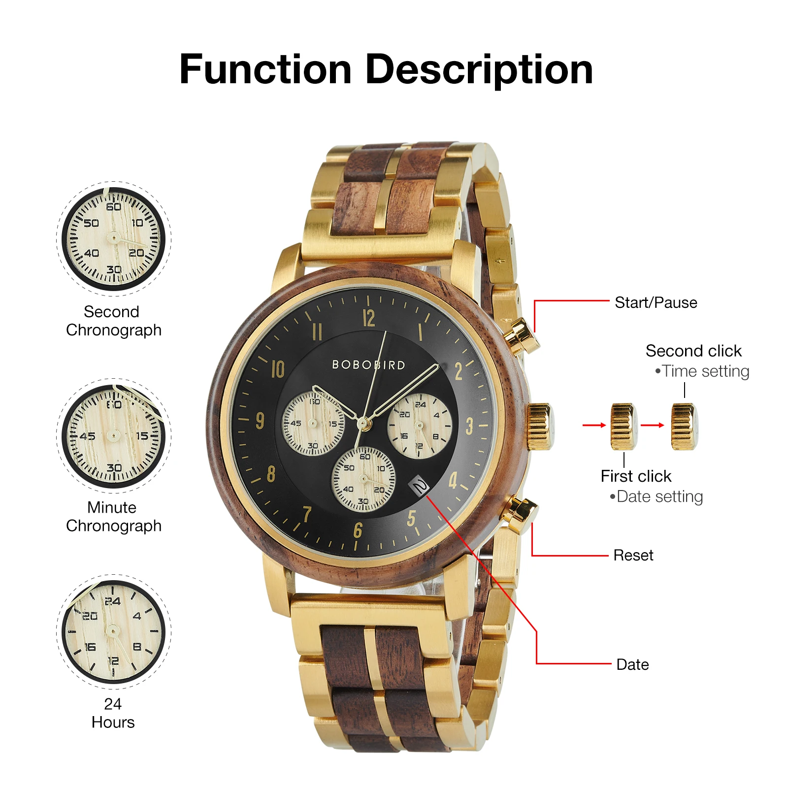Top Luxury Men's Wooden Watch BOBO BIRD Japanese Movement New Quartz Wristwatch Golden Chronograph Watch Military Timepieces