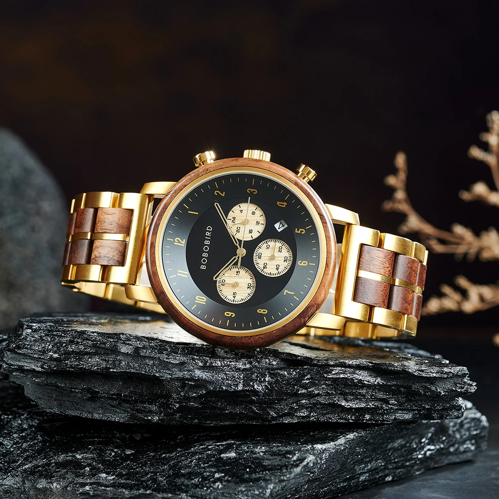 Top Luxury Men's Wooden Watch BOBO BIRD Japanese Movement New Quartz Wristwatch Golden Chronograph Watch Military Timepieces
