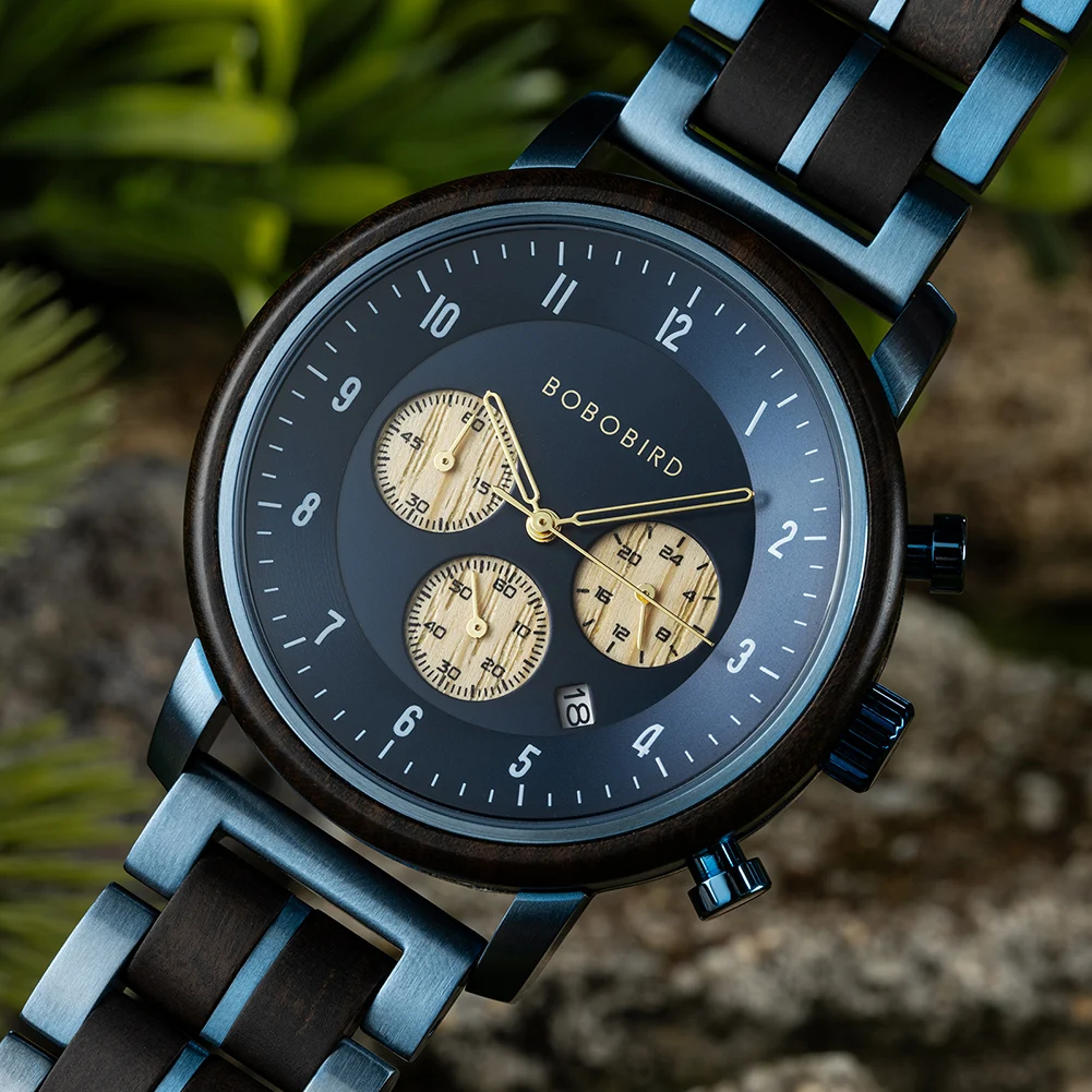 Top Luxury Men's Wooden Watch BOBO BIRD Japanese Movement New Quartz Wristwatch Golden Chronograph Watch Military Timepieces