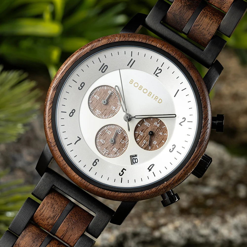 Top Luxury Men's Wooden Watch BOBO BIRD Japanese Movement New Quartz Wristwatch Golden Chronograph Watch Military Timepieces