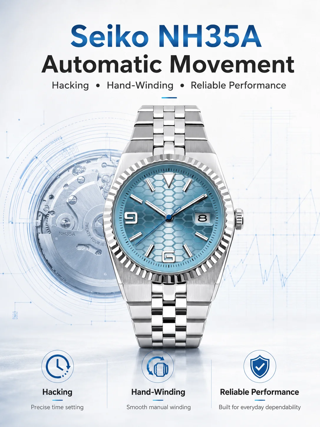 CORGEUT NH35A 8215 Automatic Watch Men Ice Blue Honeycomb Dial Sapphire Glass 100M Waterproof Luminous 316L Steel Wristwatch