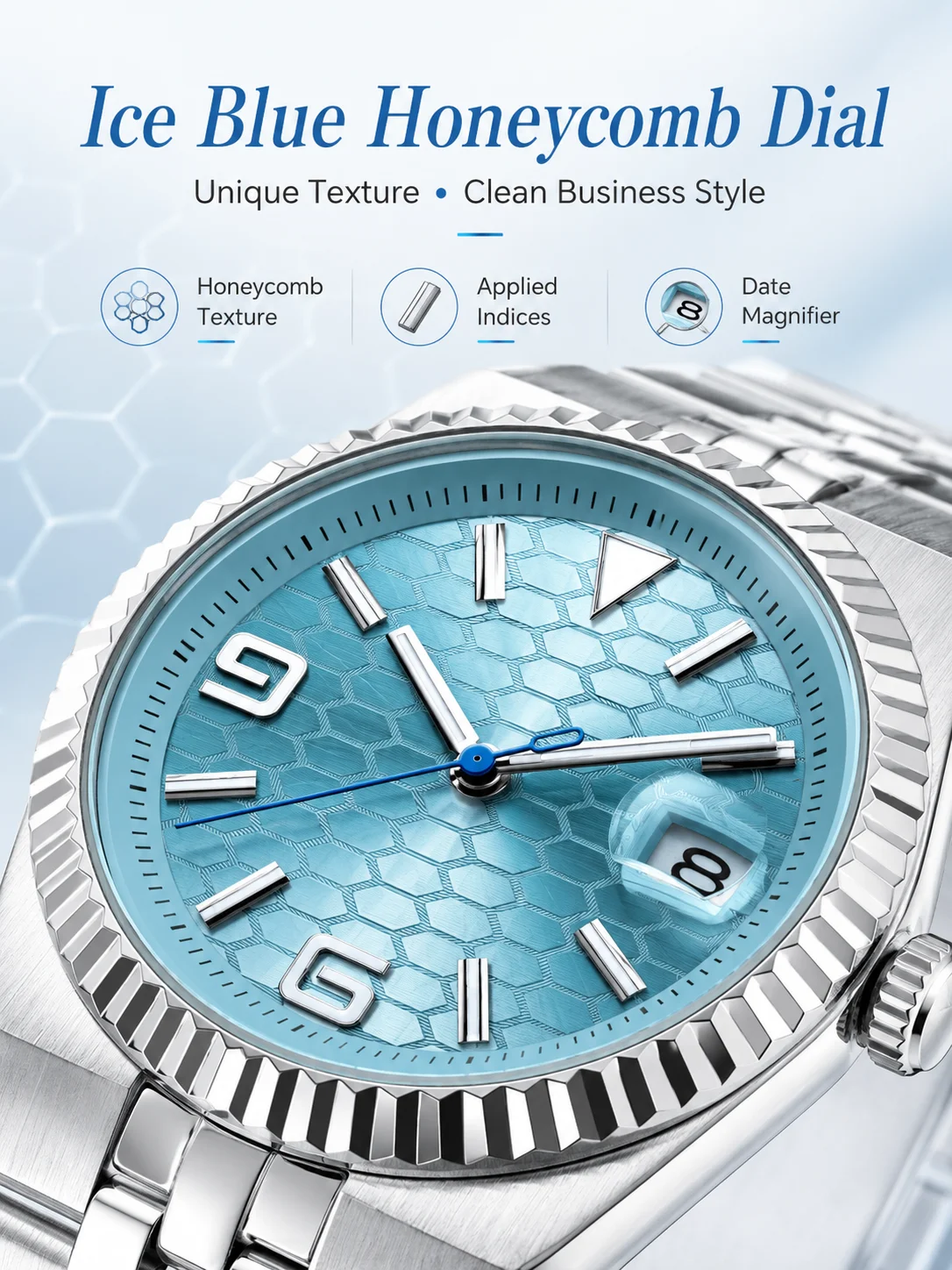 CORGEUT NH35A 8215 Automatic Watch Men Ice Blue Honeycomb Dial Sapphire Glass 100M Waterproof Luminous 316L Steel Wristwatch