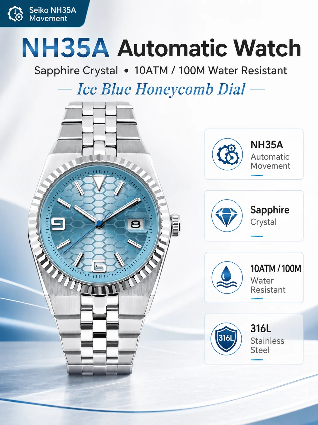 CORGEUT NH35A 8215 Automatic Watch Men Ice Blue Honeycomb Dial Sapphire Glass 100M Waterproof Luminous 316L Steel Wristwatch
