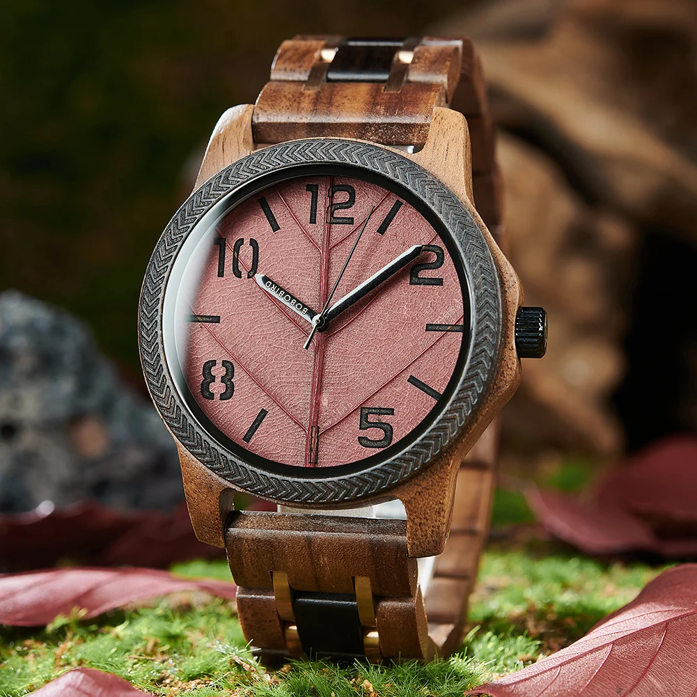 BOBO BIRD Wooden Men Watches Handmade Leaf Dial Custom Blessing Natural Wristwatch Distinctive Wooden Gift Support Dropshipping
