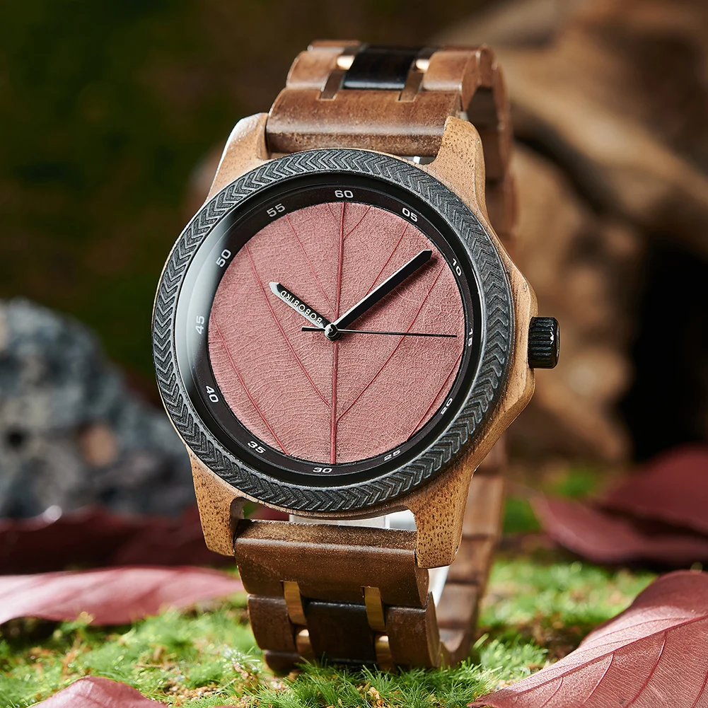 BOBO BIRD Wooden Men Watches Handmade Leaf Dial Custom Blessing Natural Wristwatch Distinctive Wooden Gift Support Dropshipping