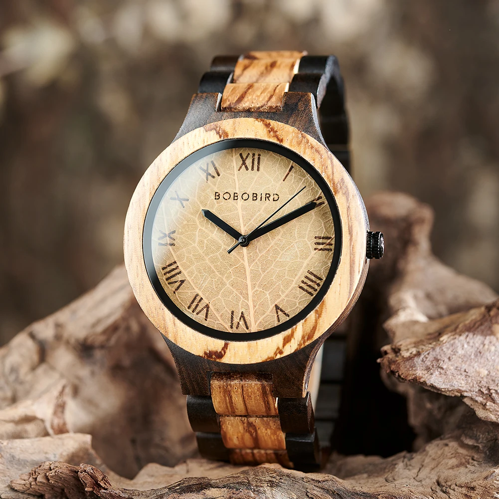 BOBO BIRD Wooden Men Watches Handmade Leaf Dial Custom Blessing Natural Wristwatch Distinctive Wooden Gift Support Dropshipping