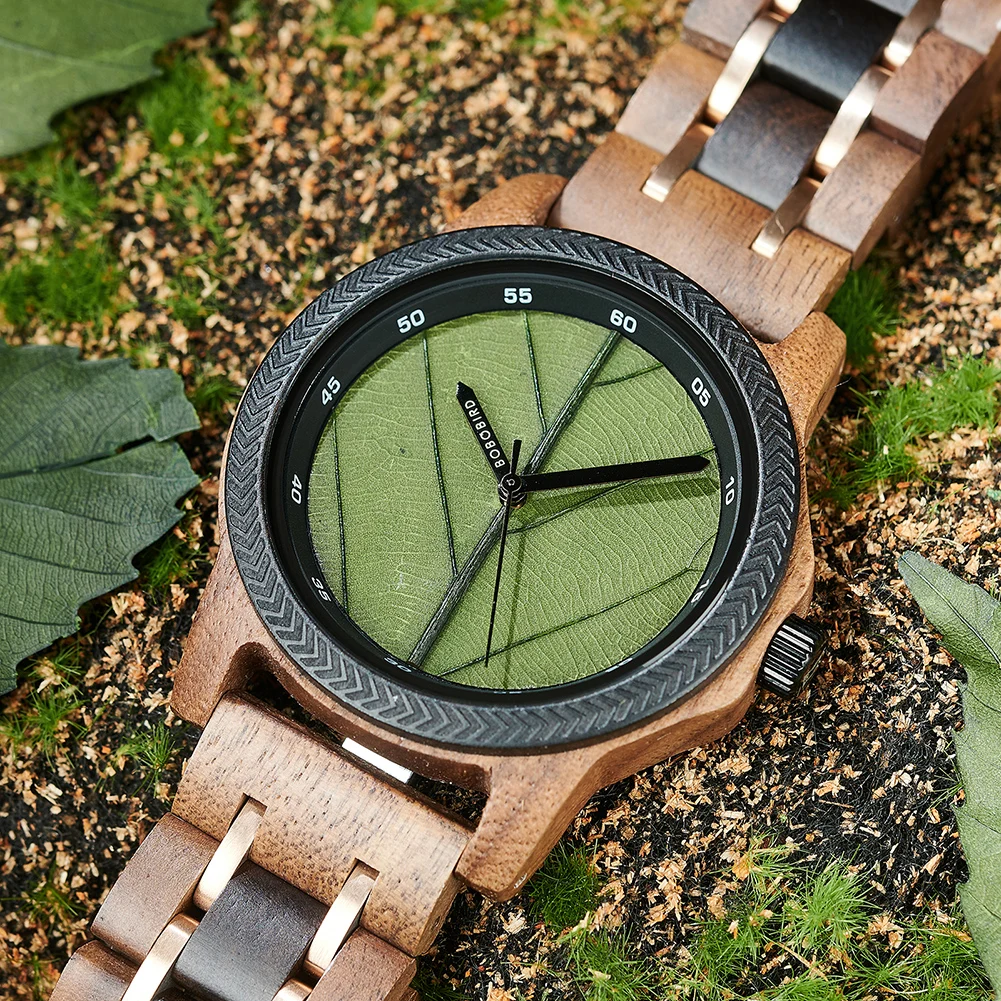 BOBO BIRD Wooden Men Watches Handmade Leaf Dial Custom Blessing Natural Wristwatch Distinctive Wooden Gift Support Dropshipping