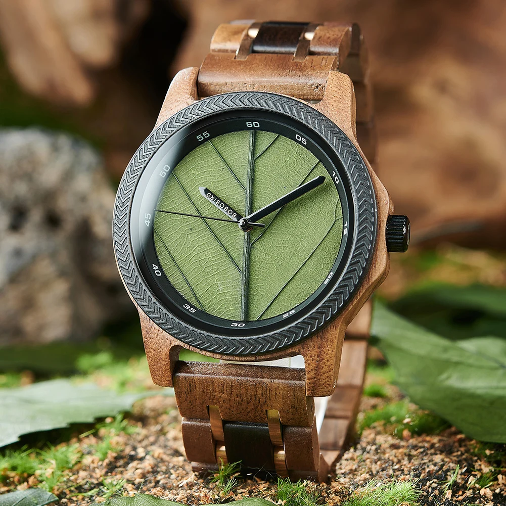BOBO BIRD Wooden Men Watches Handmade Leaf Dial Custom Blessing Natural Wristwatch Distinctive Wooden Gift Support Dropshipping