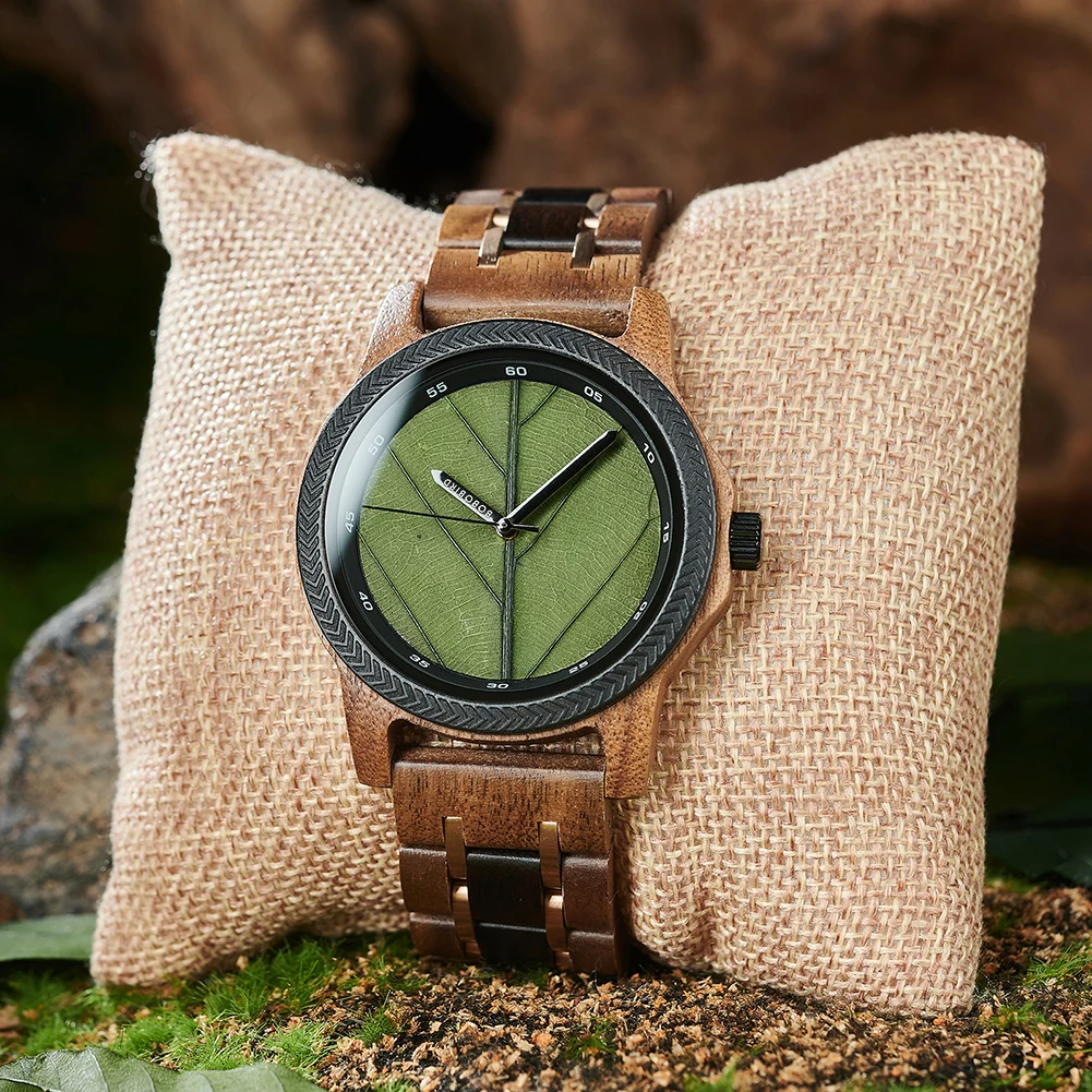 BOBO BIRD Wooden Men Watches Handmade Leaf Dial Custom Blessing Natural Wristwatch Distinctive Wooden Gift Support Dropshipping