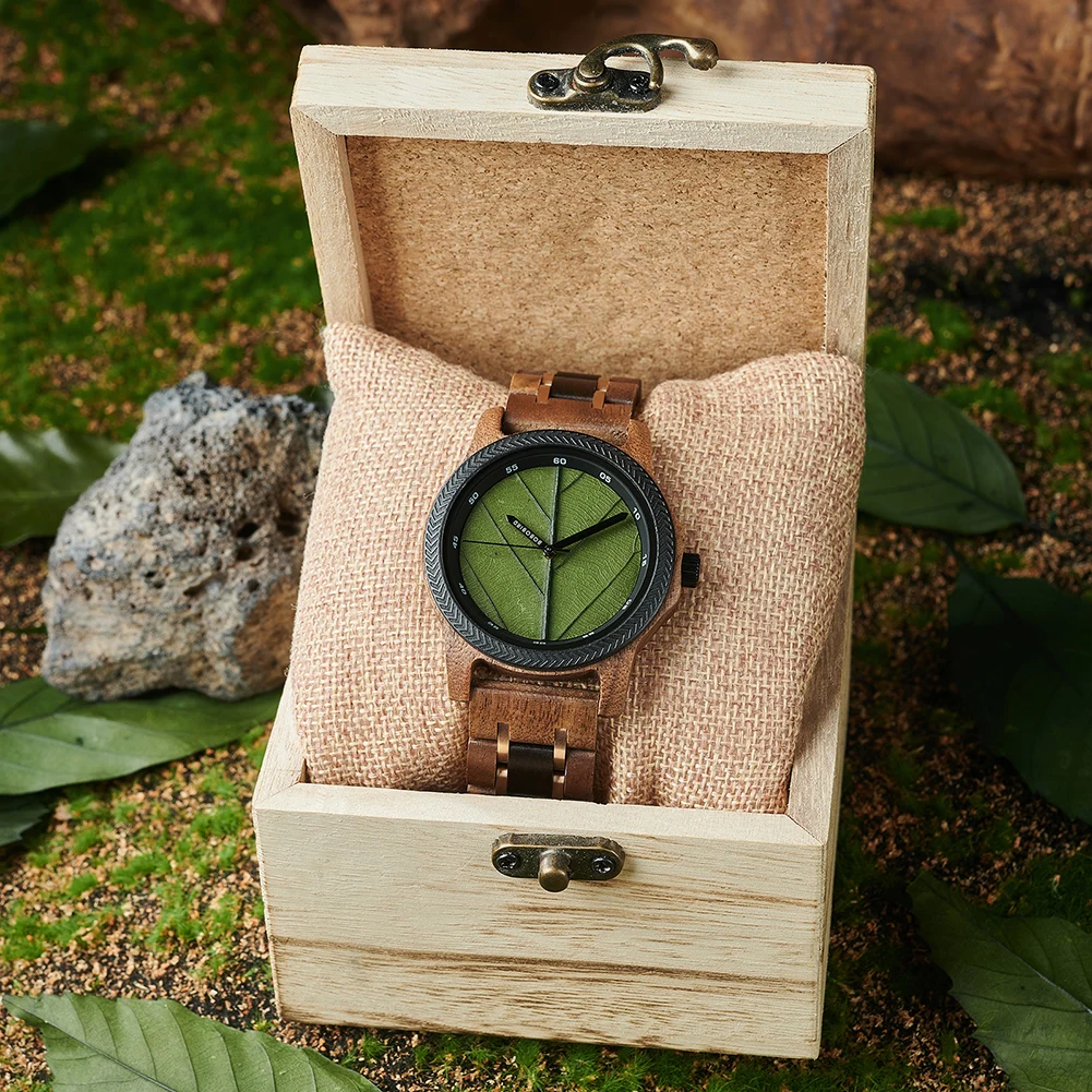 BOBO BIRD Wooden Men Watches Handmade Leaf Dial Custom Blessing Natural Wristwatch Distinctive Wooden Gift Support Dropshipping