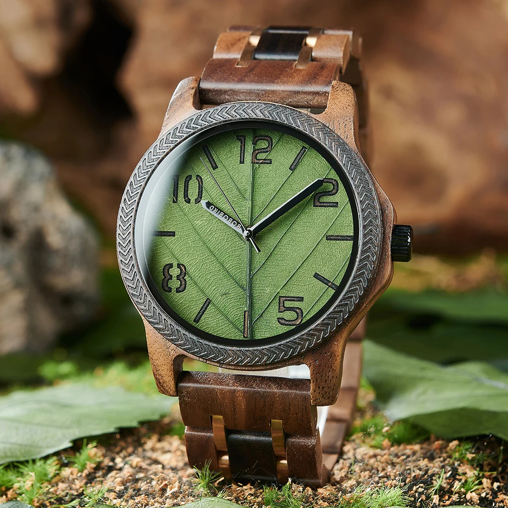 BOBO BIRD Wooden Men Watches Handmade Leaf Dial Custom Blessing Natural Wristwatch Distinctive Wooden Gift Support Dropshipping