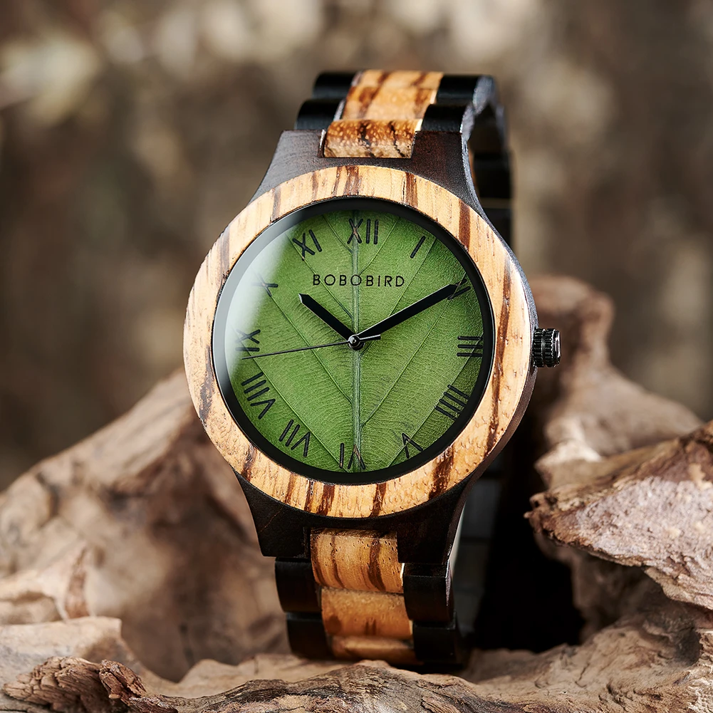 BOBO BIRD Wooden Men Watches Handmade Leaf Dial Custom Blessing Natural Wristwatch Distinctive Wooden Gift Support Dropshipping