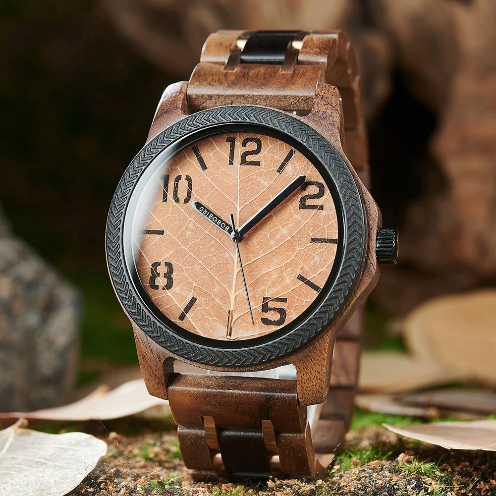 BOBO BIRD Wooden Men Watches Handmade Leaf Dial Custom Blessing Natural Wristwatch Distinctive Wooden Gift Support Dropshipping